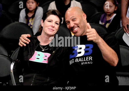 Sunday October 22, 2017;  Celebs out at the Lakers game. The New Orleans Pelicans defeated the Los Angeles Lakers by the final score of 119-112 at Staples Center in Los Angeles, CA.  Featuring: LaVar Ball, Tina Ball Where: Pasadena, California, United States When: 23 Oct 2017 Credit: WENN.com Stock Photo