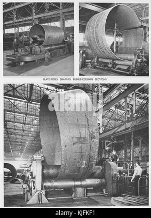 Three photographs of sheet metal being shaped in an industrial setting, the top two photographs show sheets of metal of varying sizes being rolled in to circular shapes, the larger photo on the bottom shows a sheet of metal being rolled in to a conical shape, workers can be seen operating the equipment and supervising the work in each photograph, 1944. From the New York Public Library. Stock Photo