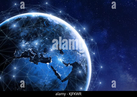 Global communication network around planet Earth in space, worldwide exchange of information by internet and connected satellites for finance, cryptoc Stock Photo