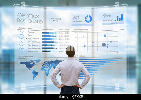 Businessman analyzing a business analytics (BA) or intelligence (BI) dashboard on virtual screen showing sales and operations data statistics charts a Stock Photo