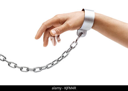 Man's hand in chains isolated on white background. Close up, concept against violence Stock Photo