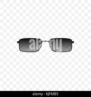 Realistic sunglasses with a translucent black glass on a transparent background. Protection from sun and ultraviolet rays. Fashion accessory vector illustration. Stock Vector