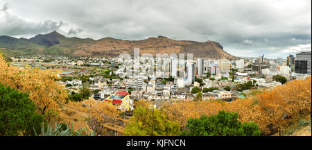 Panoramic view over Port Louis, the capital of Mauritius, Africa, on a cloudy day. Stock Photo