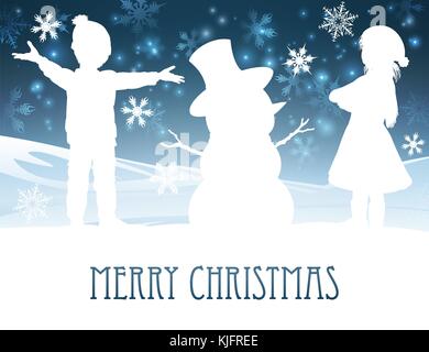 Children Building Snowman Christmas Scene Stock Vector