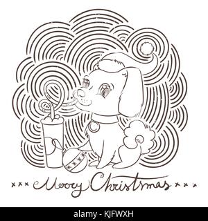 Golden dog drinks coffee or milk shake. Hand drawn vector illustration for New Year t-shirt, poster, postcard on patterned background Stock Vector