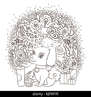Golden dog drinks coffee or milk shake. Hand drawn vector illustration for New Year t-shirt, poster, postcard on patterned background Stock Vector