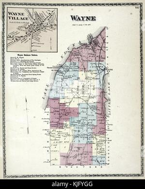 Engraved map image from an atlas, with original caption reading 'Wayne Village Village, Wayne Business Notices, Wayne Township', 1873. From the New York Public Library. Stock Photo