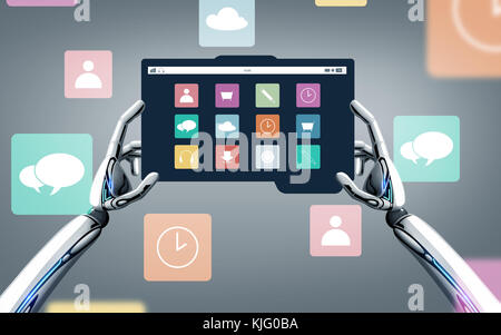 robot hands with menu icons on tablet pc screen Stock Photo