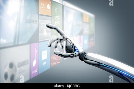 robot hand touching virtual screen with apps Stock Photo - Alamy