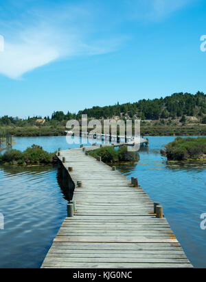 A boardwalk stretches out over calm  lagoon in a wild natural setting - an ideal location for bird watching and getting back to nature Stock Photo