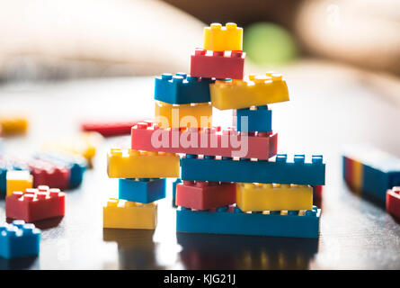Plastic blocks on table. Many blocks Stock Photo