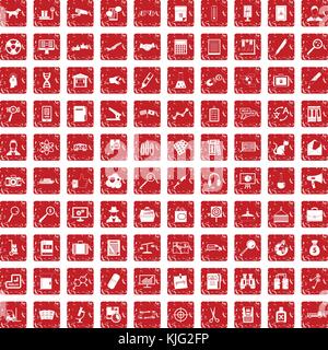 100 magnifier icons set grunge red Stock Vector