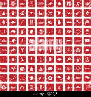 100 map icons set grunge red Stock Vector