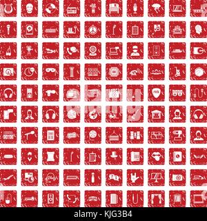 100 microphone icons set grunge red Stock Vector