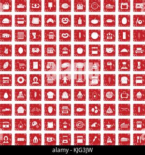 100 bakery icons set grunge red Stock Vector