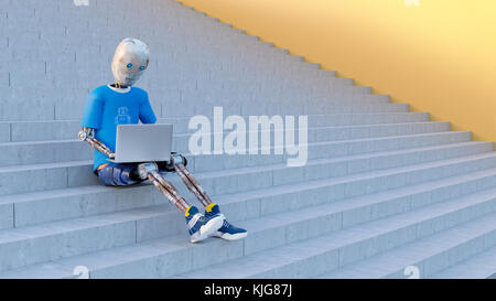 Robot sitting on stairs using laptop, 3d rendering Stock Photo