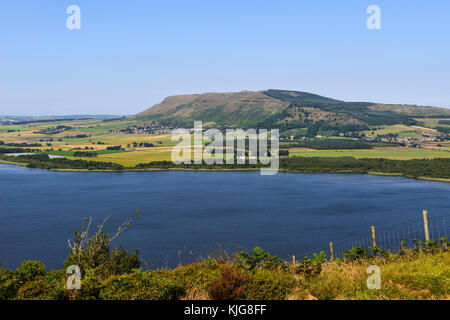 View across Loch Leven to the Lomond Hills from the slopes of Benarty Hill, Perth and Kinross, Scotland Stock Photo