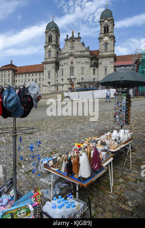 Einsedeln, Switzerland - 3 August 2017: people walking in front of Einsiedeln abbey on Switzerland Stock Photo