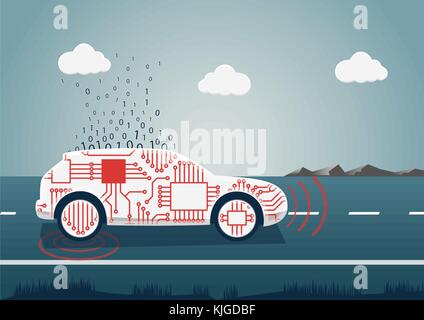 Smart connected car vector illustration. Car icon with sensors and big data upload as example for digital mobility. Stock Vector