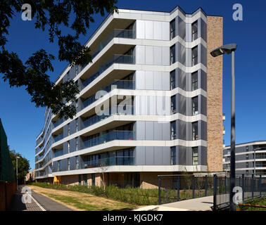 Exterior facade. Walthamstow Stadium Housing development, Walthamstow, United Kingdom. Architect: Conran and Partners , 2017. Stock Photo