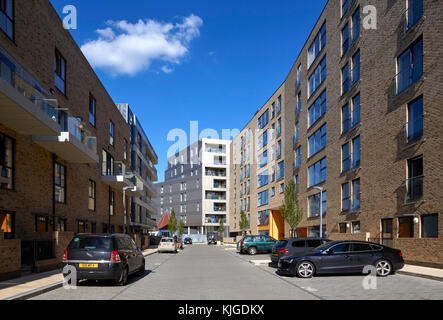 General exterior view of housing development. Walthamstow Stadium Housing development, Walthamstow, United Kingdom. Architect: Conran and Partners , 2 Stock Photo