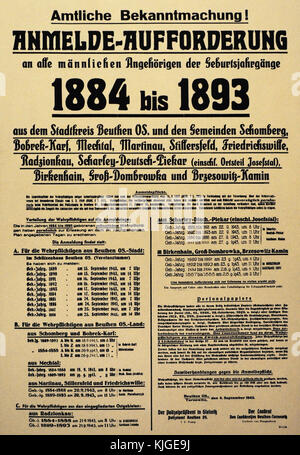 Second World War (1939-1945). The recruitment of men from Upper Silesia by the Wehrmacht army increased between 1941-1944. Poster of 1943 encouraging recruits from Bytom (city within the German borders) and other cities incorporated into the Reich after 1939, and informing them of their duty. Stock Photo