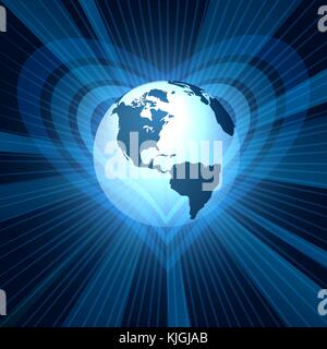 Glowing Earth planet in heart shaped curves on space background. Vector illustration. Stock Vector