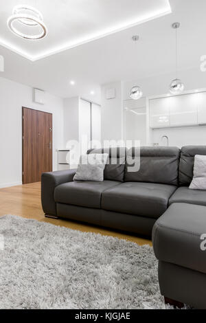 Living room with big black leather sofa in modern flat Stock Photo