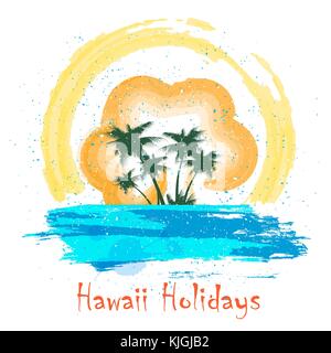 Palm beach at sunset. Summer holidays poster in watercolor grunge style. Vector illustration. Stock Vector