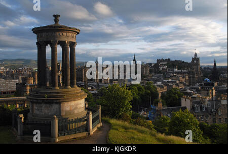 View of Edinburgh at sunset from Carlton Hill - Dugald Stewart Monument Stock Photo