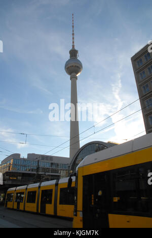 Berlin, Germany - April 30, 2017: Urban trains at Alexanderplatz and television tower Stock Photo