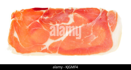 Slice of raw italian prosciutto crudo, jamon. Isolated on white background. Stock Photo