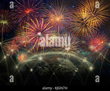 Multicolor Firework Celebration over the Part of earth with network line and point on the star and Milky Way background, Elements of this image furnis Stock Photo