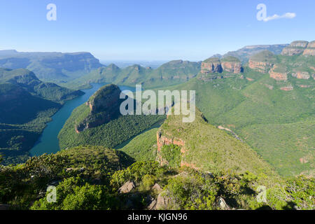 Blyde River Canyon and The Three Rondavels (Three Sisters) in Mpumalanga, South Africa. The Blyde River Canyon is the third largest canyon worldwide Stock Photo