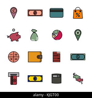 Set of colored financial icons of thin lines. Flat style, vector illustration. Stock Vector