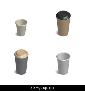 Set of plastic cups for coffee of different shapes isolated on white background. 3D isometric style, vector illustration. Stock Vector
