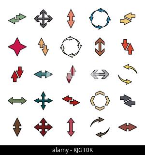 Set of colored arrows with a black stroke. Flat style, vector illustration. Stock Vector