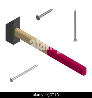 Hammer and nails isolated on white background. Elements design of the working tool and fasteners. Flat 3d isometric style, vector illustration. Stock Vector