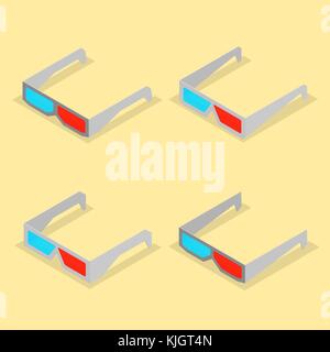 Set of 3d paper glasses isolated on a yellow background. Flat isometric style, vector illustration. Stock Vector