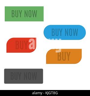 Set of multicolored buttons buy, different shapes. Isolated on white background, vector illustration. Stock Vector