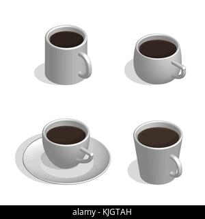 Set of white cups for coffee of different shapes, isolated on white background. 3D isometric style, vector illustration. Stock Vector