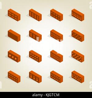 Set of bricks of various shapes, view to the left. Elements of the design of building materials. Flat 3d isometric style, vector illustration. Stock Vector