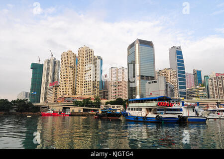 Hong Kong - May 21, 2008: Panoramic view of the Hong Kong harbor from Causeway Bay. Stock Photo