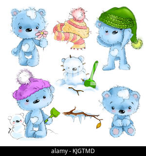 Set of cute teddy bear character standing, sitting, playing, cartoon illustration isolated on white background. Stock Photo