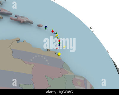 Illustration of Caribbean on political globe with embedded flags. 3D illustration. Stock Photo