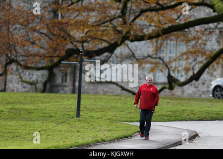 Hensol, Wales, UK. 23rd November, 2017. Warren Gatland , the Wales rugby head coach arrives for the Wales rugby team training session at the Vale Resort Hotel in Hensol, near Cardiff , South Wales on Thursday 23rd November 2017.  the team are preparing for their Autumn International series test match against New Zealand this weekend. Credit: Andrew Orchard/Alamy Live News Stock Photo