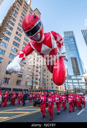 New York, USA, 23 Nov 2017. New York, USA,  A balloon of Red Mighty Morphin Power Ranger participates in the 2017 Macy's Thanksgiving Day parade 56n New York's Central Park West, Photo by Enrique Shore/Alamy Live News Stock Photo
