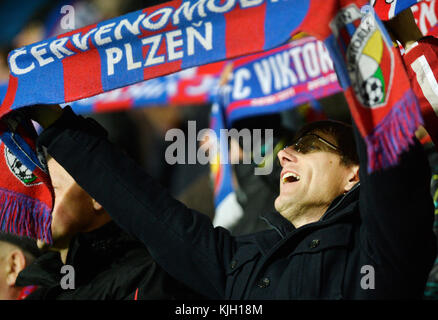 Pilsen, Czech Republic. 23rd Nov, 2017. Fans of Victoria Pilsen in action during the 5th round, Football European League match FC Viktoria Pilsen vs FC Steaua Bucurest (FCSB) in Pilsen, Czech Republic, November 23, 2017. Credit: Miroslav Chaloupka/CTK Photo/Alamy Live News Stock Photo