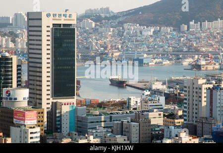 Yeongju village and Busan Port, Nov 15, 2017 : Yeongju-dong village and Busan Port (Busan North Port) are seen in Busan, about 420 km (261 miles) southeast of Seoul, South Korea. During the 1950-53 Korean War, Busan became the home of millions of refugees who fled to the temporary capital of South Korea. The refugees gathered at hilly villages near Busan Station and Busan Port to make a living. Credit: Lee Jae-Won/AFLO/Alamy Live News Stock Photo