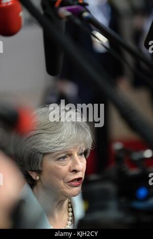 Brussels, Belgium. 24th Nov, 2017. British Prime Minister Theresa May speaks with journalists during arrivals for an Eastern Partnership Summit in Brussels, Belgium, November 24, 2017. Credit: Jakub Dospiva/CTK Photo/Alamy Live News Stock Photo